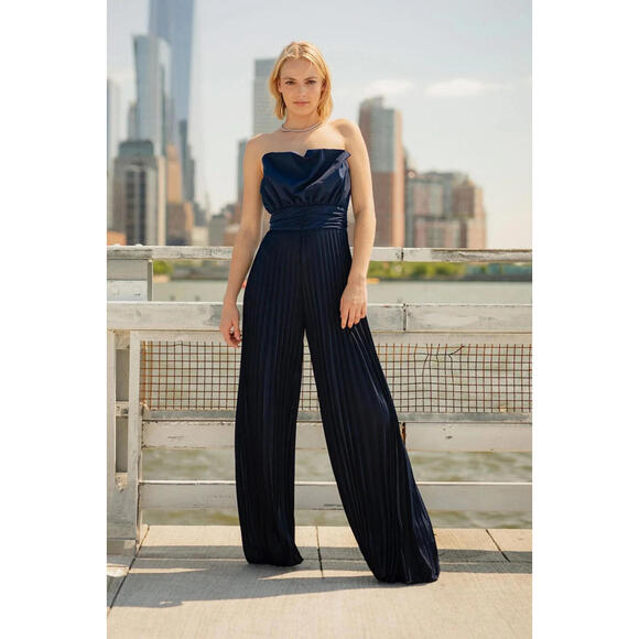 Badgley Mischka Pants - One33 Social Badgley Mischka  Wide-Leg Pleated Jumpsuit $750 Navy sz 6 Satin